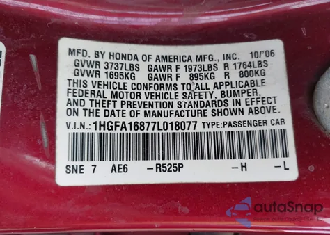 2007 Honda Civic Ex from USA, damaged, VIN 1HGFA16877L018077